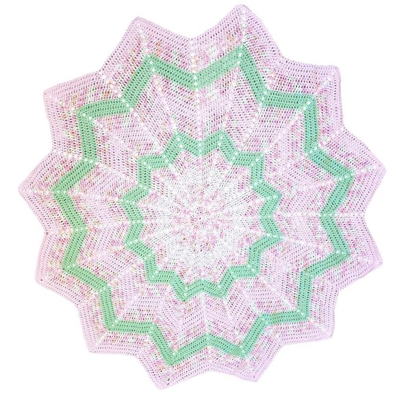 HANDMADE Crochet‎ 12 Point Star Softee Baby Blanket Afghan Pink Green 43 In NEW - Picture 1 of 5